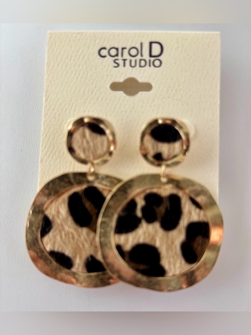 Carol D Studio Calf Hair leopard print hammared two tiered circle,dangle post